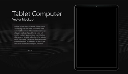 Tablet computer vector mockup template with black screen and dark colored abstract background.