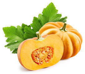 Pumpkin and leaves, isolated on white background. Full depth of field. Pumpkin With clipping path