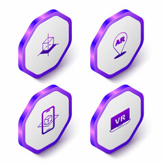 Set Isometric 3d modeling, Augmented reality AR, and Virtual icon. Purple hexagon button. Vector