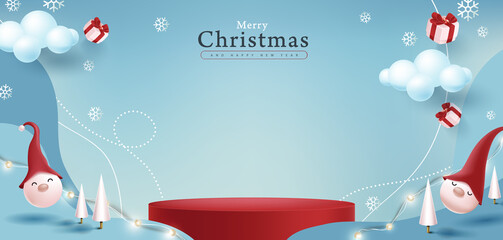 Merry Christmas banner with product display cylindrical shape and festive decoration