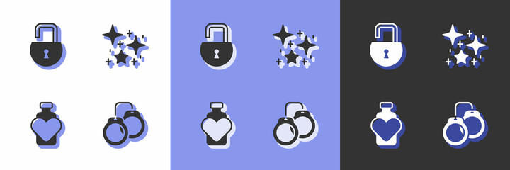 Set Handcuffs, Open padlock, Bottle with love potion and Magical glitter particles icon. Vector