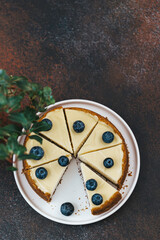 Classical New York cheesecake with blueberries. Homemade baking. Piece of cheesecake. Top view.