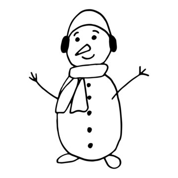 recommend clip art: Simple vector doodle snowman with headphones. Hand drawn illustration with black liner in line art style. Creation of design for New Year, winter, Christmas