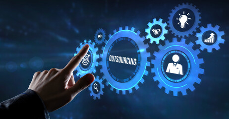 Internet, business, Technology and network concept. Outsourcing Human Resources. Virtual button.