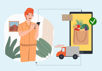 women order grocery online from phone from home and the grocery send by the truck delivery vector illustration