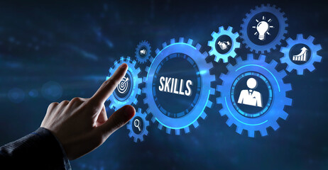 Internet, business, Technology and network concept.Coach motivation to skills improvement. Education concept. Training. Leadership skills. Human abilities. Virtual button.