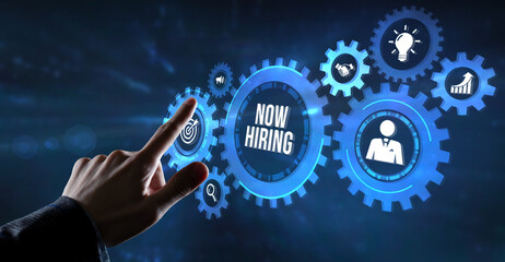Internet, business, Technology and network concept.NOW HIRING inscription, modern technology...