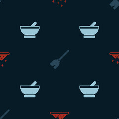 Set Magic powder, Witches broom and cauldron on seamless pattern. Vector
