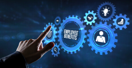 Internet, business, Technology and network concept. Shows the inscription: EMPLOYEE BENEFITS. Virtual button.