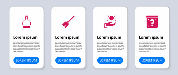 Set Mystery box, Ball levitating above hand, Witches broom and Bottle with potion. Business infographic template. Vector