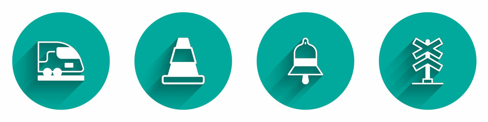 Set High-speed train, Traffic cone, Train station bell and Railroad crossing icon with long shadow. Vector
