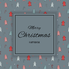 Christmas greeting card with gingerbread cookies, candies and wishes. Vector