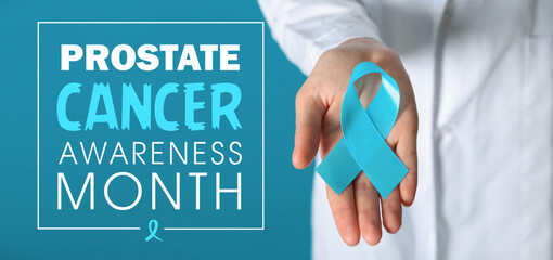Doctor with blue ribbon and text PROSTATE CANCER AWARENESS MONTH on color background