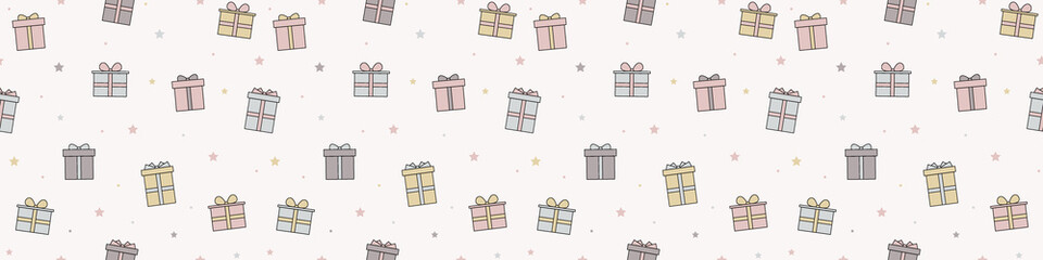 Christmas texture with Xmas presents. Background with decorations. Panoramic header. Vector