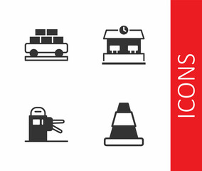 Set Traffic cone, Cargo train wagon, Turnstile and Railway station icon. Vector