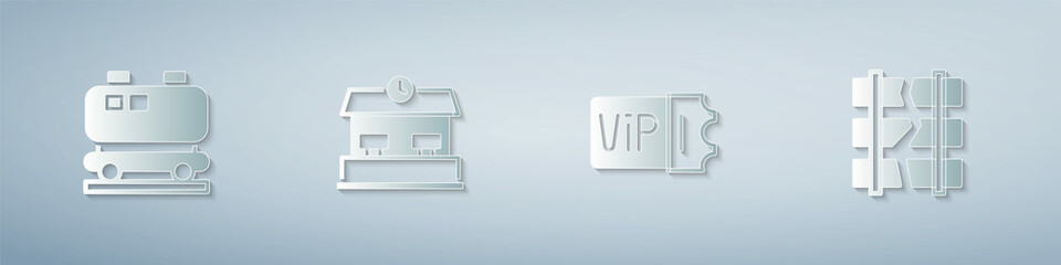 Set Oil railway cistern, Railway station, Train ticket and Broken or cracked. Paper art style. Vector