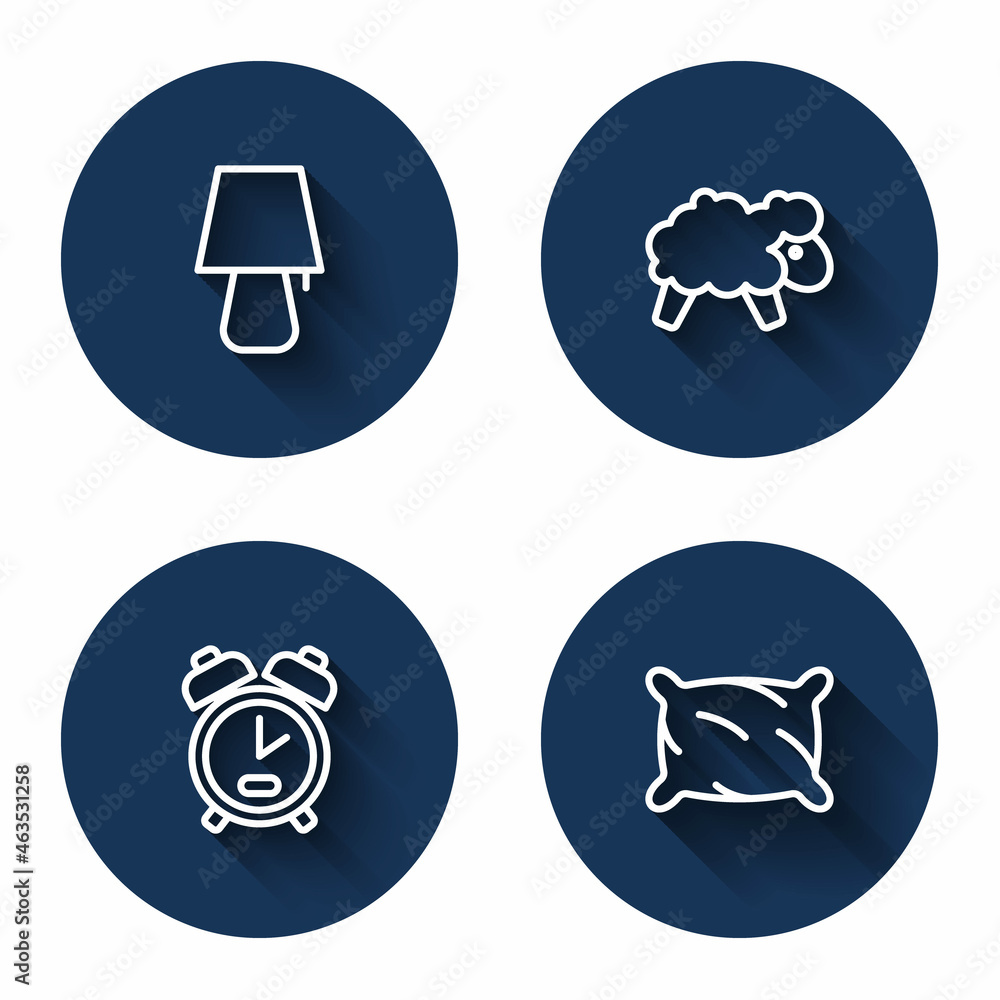 Poster set line table lamp, sheep, alarm clock and pillow with long shadow. blue circle button. vector