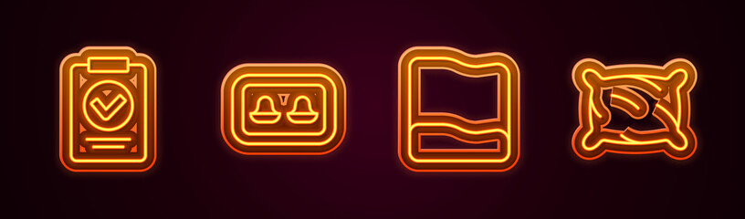 Set line Medical prescription, Earplugs with storage box, Pillow and . Glowing neon icon. Vector