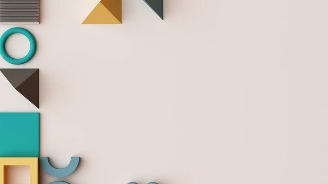 abstract geometric pattern that are arranged with geometric shapes in the arrangement from the top view gradually increasing parts into with stop motion technique yellow green tone 3d render loop 4k