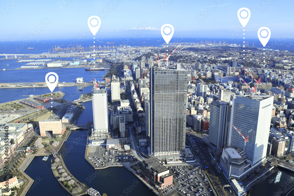 Sticker Network connection concept. Aerial view on Yokohama city with location pin