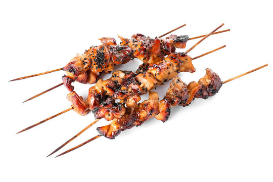 Grilled Chicken Skewers On White Background