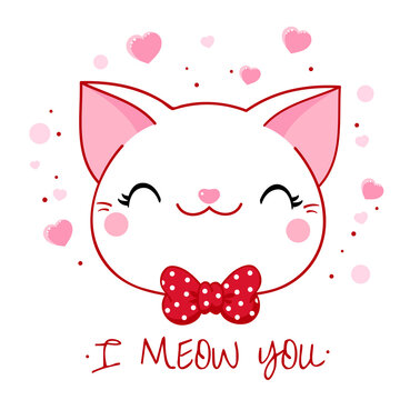 Cute Valentine card in kawaii style. Lovely cat with bow and pink hearts. Inscription I meow you. Can be used for t-shirt print, stickers, greeting card design. Vector illustration EPS8