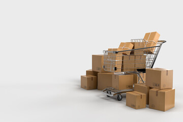 Packaging cardboard boxes paper with shopping carts. Delivery, cargo, logistic and transportation warehouse storage concept. 3D Rendering