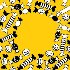 Vector frame of scattered candies in different wrappers in style of Halloween. Long striped lollipops and sweet wrappers with scary faces. Festive border, flat-style decoration