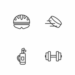 Set line Dumbbell, Golf bag with clubs, Bicycle helmet and Hockey puck icon. Vector