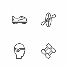 Set line Dumbbell, Baseball helmet, Football shoes and Kayak and paddle icon. Vector