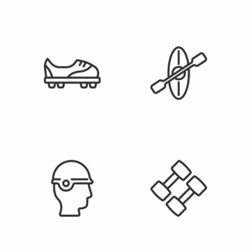 Set line Dumbbell, Baseball helmet, Football shoes and Kayak and paddle icon. Vector