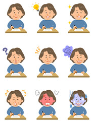 書類に記入するシニア女性の上半身のイラストセット
