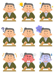 書類に記入するシニアの男性の上半身のイラストセット
