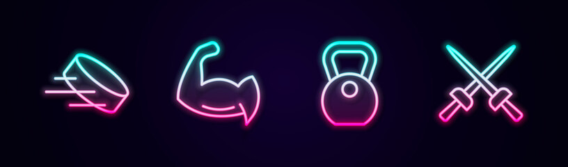 Set line Hockey puck, Bodybuilder showing his muscles, Weight and Fencing. Glowing neon icon. Vector