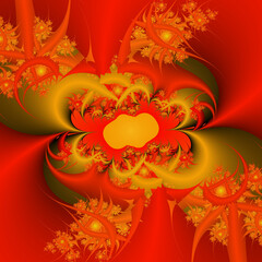 Red golden fractal, leaves, abstract background