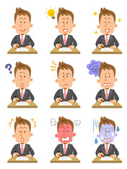 書類に記入する若いビジネスマンの上半身のイラストセット
