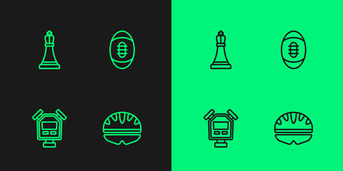Set line Bicycle helmet, Stopwatch, Chess and American Football ball icon. Vector