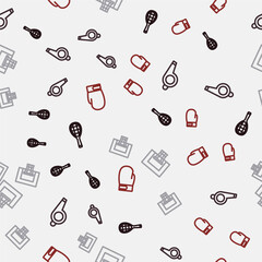 Set line Tennis racket, Whistle, Basketball backboard and Boxing glove on seamless pattern. Vector