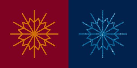 Light blue snowflake on dark-blue color background. Gold snowflake on burgundy color background. Christmas decorations. Xmas symbol, new year minimalist icon for festive banner, holiday postcard.