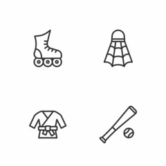 Set line Baseball bat with ball, Kimono, Roller skate and Badminton shuttlecock icon. Vector