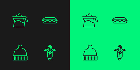 Set line Corn, Winter hat, Teapot and Homemade pie icon. Vector