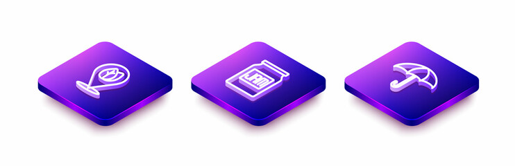 Set Isometric line Location with leaf, Jam jar and Umbrella icon. Vector