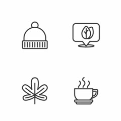 Set line Coffee cup, Chestnut leaf, Winter hat and Location with icon. Vector