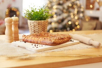 making a pie. Festive dinner. Christmas treat. The cook prepares pastries