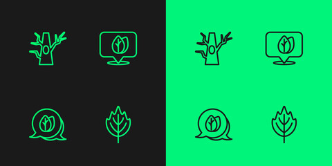 Set line Leaf, Bare tree and Location with leaf icon. Vector