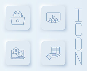Set line Student working at laptop, Online class, Question and Answer and Book donation. White square button. Vector