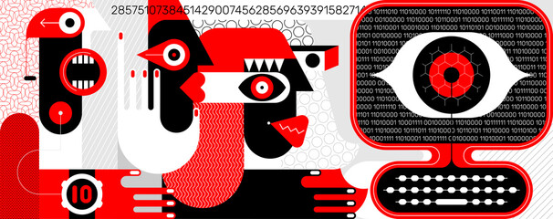 People under influence of global social media. Three people are looking at a computer screen, a large digital eye is watching them from the screen. Red, black, grey and white vector illustration.