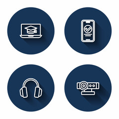 Set line Graduation cap on laptop, Online quiz, test, survey, Headphones and Web camera with long shadow. Blue circle button. Vector