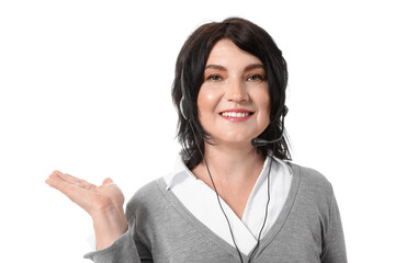 Mature female consultant of call center in headset showing something on white background