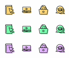 Set line Student working at laptop, Online book, play video and Graduation cap speech bubble icon. Vector